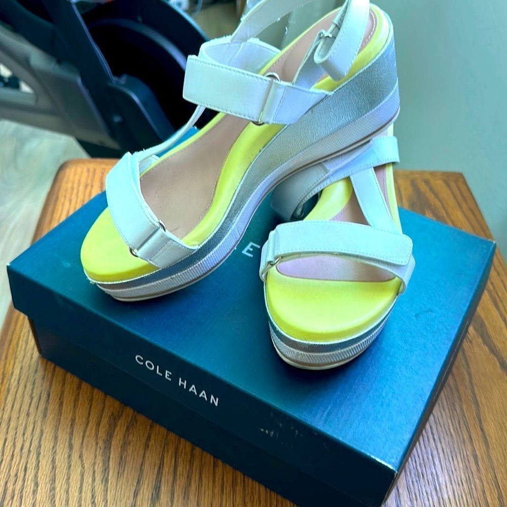 Cole Hann Ayer Flatform Wedge Sandals in white Silver and Yellow